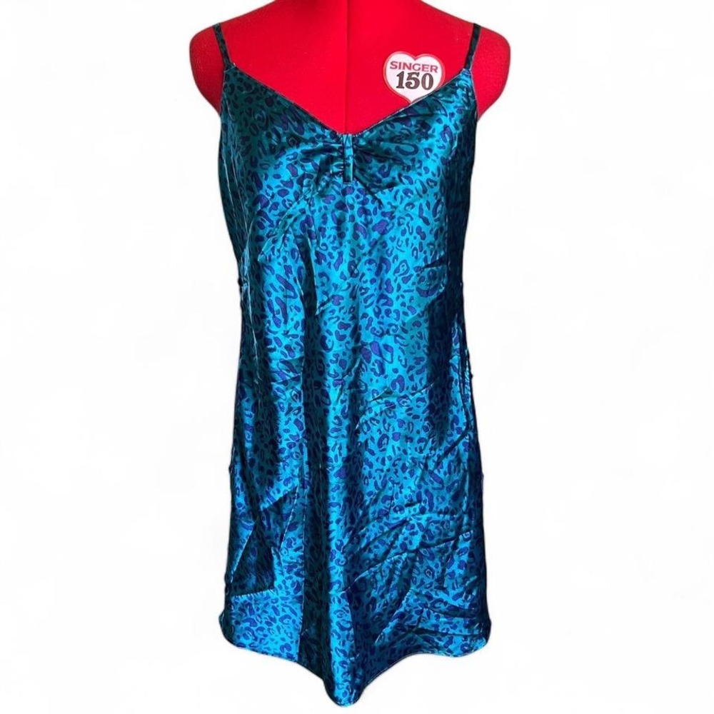Morgan Taylor Intimates Blue Purple Satin Slip Dress‎ Nightgown Lace Panels Med